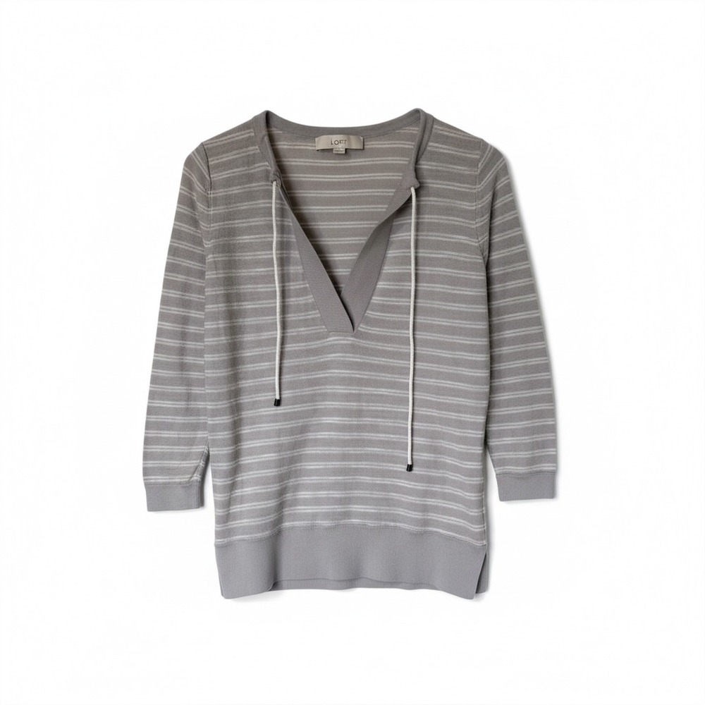 LOFT Striped V Neck Tie Neck Sweater 3/4 Sleeve Women's XS Gray White Knit